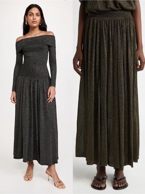 Zimmermann Illuminate Gathered Metallic Knit Flare Maxi Skirt Black Gold US 8
